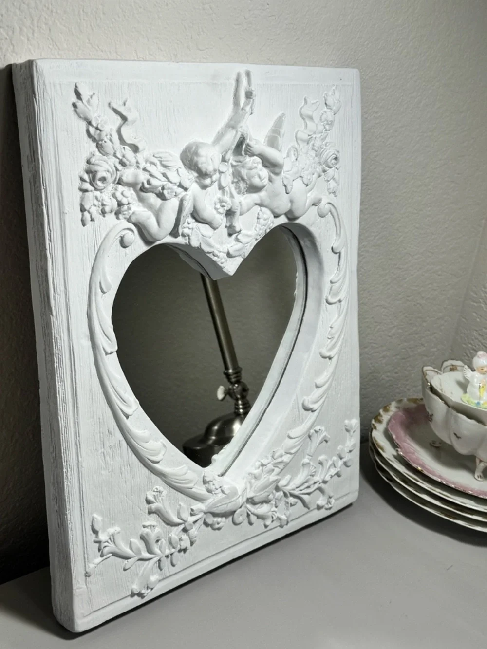 Vintage Hanging Pottery Mirror Cherubs Victorian Shabby Chic